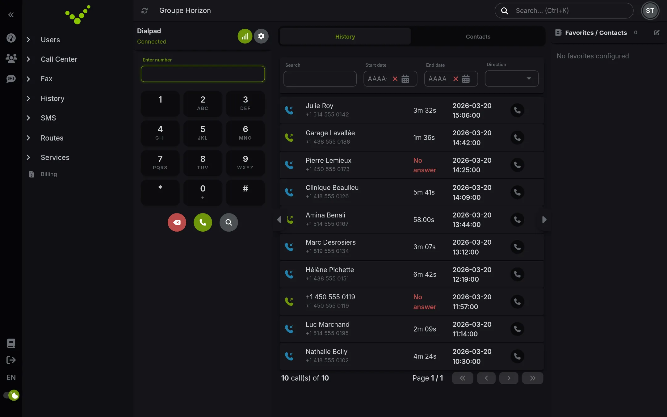 Call history, with one-click callback.